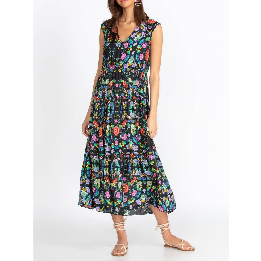 Johnny Was Ella Flower Natania Dress Women XS Black Silk Floral Tiered Tassel